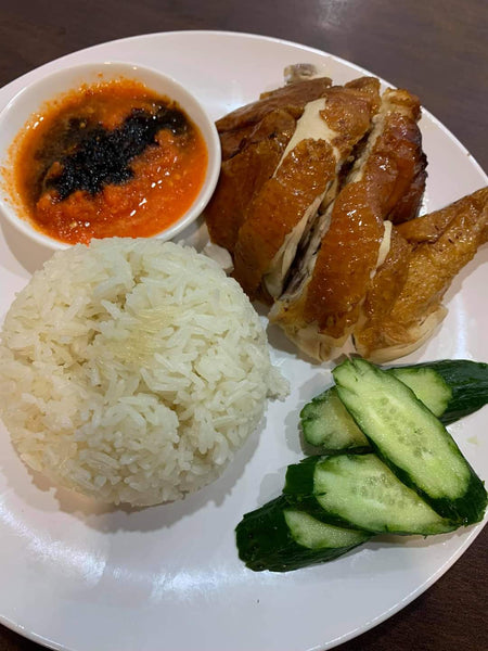 香油鸡饭, 脆皮烧鸡, 鸡饭辣椒 Chicken Rice, Roasted Chicken, Chicken Rice Chili